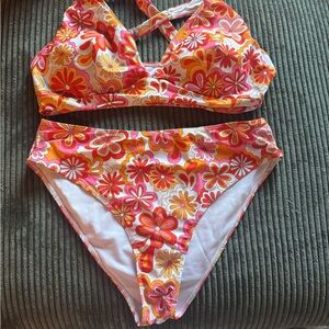 Floral Two-Piece Bikini Set in Pink, Orange & Yellow